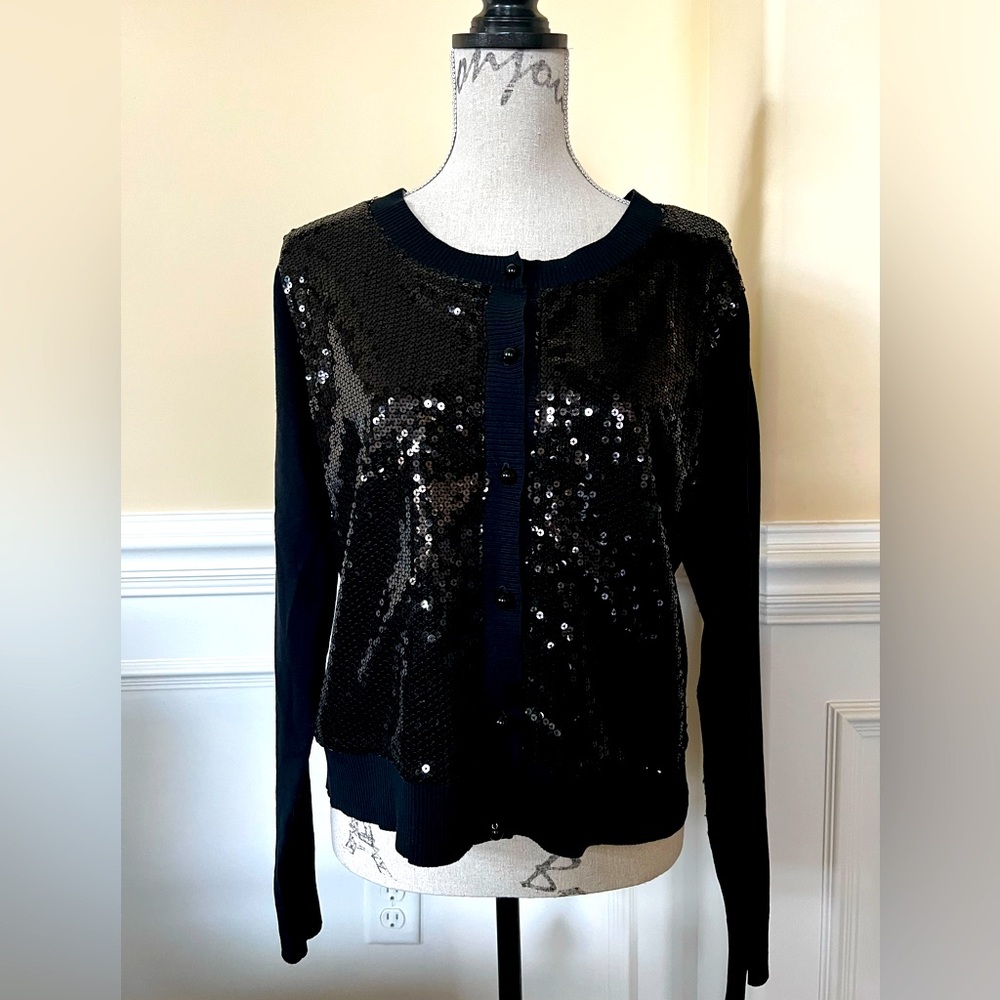 Black Sequins Soft Knit Long Sleeves Button Front Crew Neck Cardigan Sweater.
